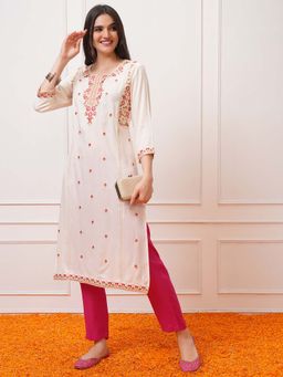 VISHUDH - Women Off White Embroidered Straight Kurta