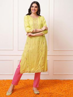VISHUDH - Women Lime Green Floral Embroidered Straight Kurta