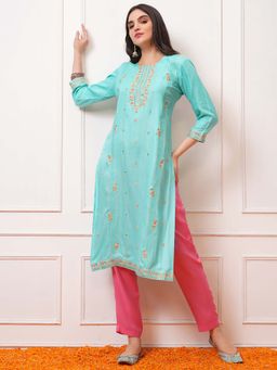 VISHUDH - Women Sky Blue Floral Embroidered Straight Kurta