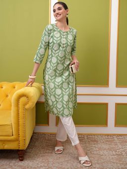 VISHUDH - Women Light Green Floral Printed Kurta