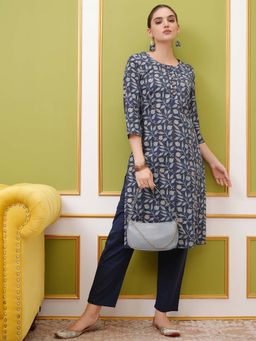 VISHUDH - Women Navy Blue Floral Printed Kurta