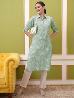 VISHUDH - Women Light Green Floral Printed Collared Kurta