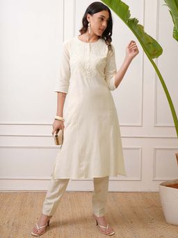 VISHUDH - Women Off White Embroidered A-Line Kurta