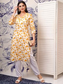 VISHUDH - Women Yellow Floral Printed Kurta