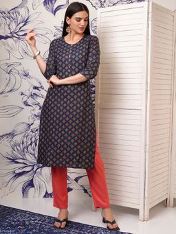 VISHUDH - Women Navy Blue Floral Printed Straight Kurta