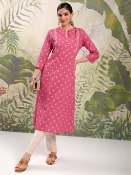 VISHUDH - Women Light Pink Ethnic Print Embroidered A-Line Kurta