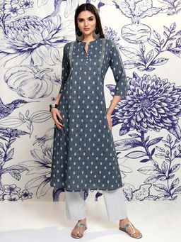 VISHUDH - Women Light Grey Ethnic Print Embroidered A-Line Kurta