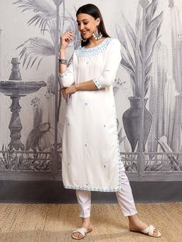 VISHUDH - Women White And Blue Embroidered Kurta