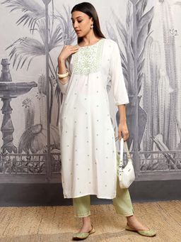 VISHUDH - Women White And Green Embroidered Kurta