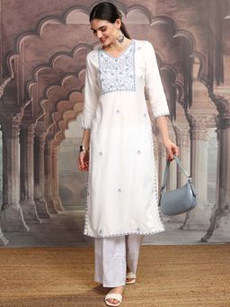 VISHUDH - Women White And Blue Embroidered Kurta