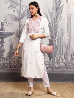 VISHUDH - Women White And Pink Embroidered Kurta