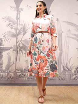 VISHUDH - Women Multi Color Floral Printed Collared Midi Dress With Belt (Set of 2)