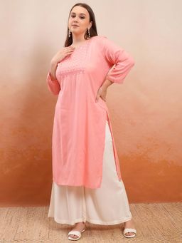 VISHUDH - Women Peach Embroidered Straight Kurta