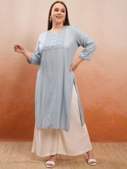 VISHUDH - Women Grey Embroidered Straight Kurta