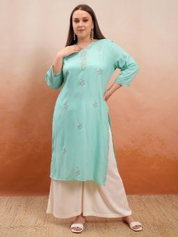VISHUDH - Women Sky Blue Embroidered Straight Kurta