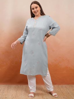 VISHUDH - Women Grey Embroidered Straight Kurta