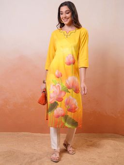 VISHUDH - Women Yellow Round Neckline Floral Printed Kurta