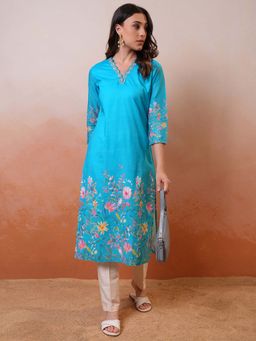 VISHUDH - Women Sky Blue V-Neck Floral Printed Kurta