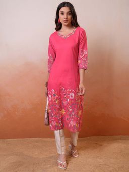 VISHUDH - Women Pink Sweetheart Floral Printed Kurta