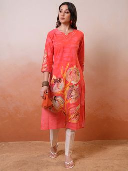 VISHUDH - Women Orange Floral Printed Kurta