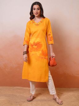 VISHUDH - Women Mustard V-Neck Floral Printed Kurta