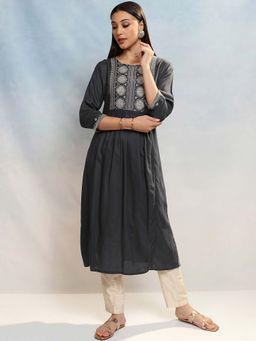 VISHUDH - Women Dark Grey Embroidered A-Line Kurta