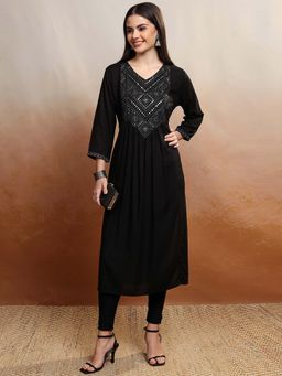 VISHUDH - Women Black Embroidered A-Line Kurta