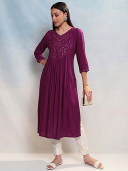 VISHUDH - Women Wine Embroidered A-Line Kurta