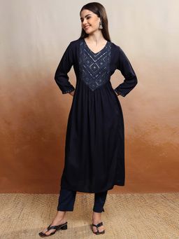 VISHUDH - Women Navy Blue Embroidered A-Line Kurta
