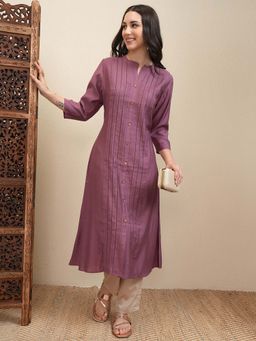 VISHUDH - Women Purple Solid Pleated A-Line Kurta