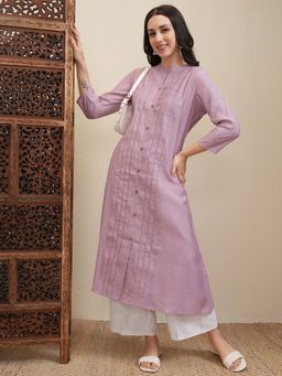 VISHUDH - Women Lavender Solid Pleated A-Line Kurta