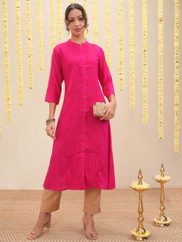 VISHUDH - Women Magenta Solid Pleated A-Line Kurta