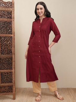 VISHUDH - Women Maroon Solid Pleated A-Line Kurta