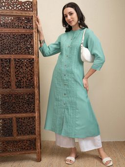 VISHUDH - Women Sea Green Solid Pleated A-Line Kurta