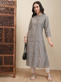 VISHUDH - Women Light Grey Solid Pleated A-Line Kurta
