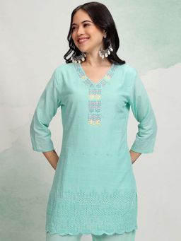 VISHUDH - Women Sage Green Embroidered Straight Kurti