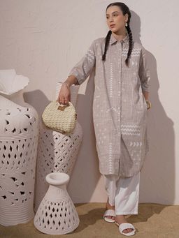 VISHUDH - Women Brown Abstract Printed Shirt Collar Kurta