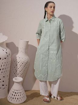 VISHUDH - Women Green Abstract Printed Shirt Collar Kurta