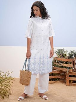 VISHUDH - Women White And Blue Cotton Embroidered Straight Kurta