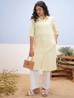 VISHUDH - Women Yellow Cotton Schiffli Straight Kurta