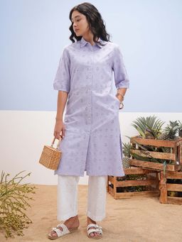 VISHUDH - Women Lavender Cotton Schiffli Straight Kurta