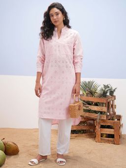 VISHUDH - Women Pink Pure Cotton Embroidered Straight Kurta