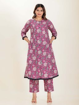 ARAMYA - Soft Cotton A-Line Floral Print Kurta with Pant for Women (Set of 2)