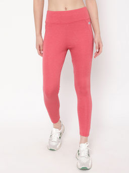 Clovia - High-rise Full Length Active Tights In Coral Melange With Side Pocket