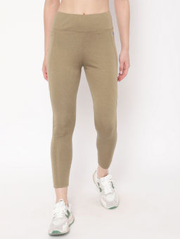 Clovia - High-rise Full Length Active Tights In Olive Green Melenage With Side Pocket