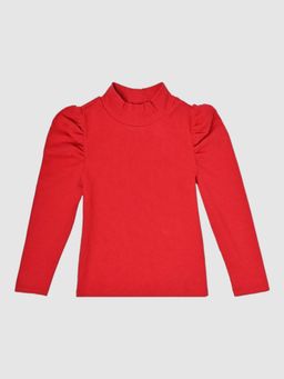 GAP - Girls Red Solid High-Neck Slim Longline Puff-Sleeve Top
