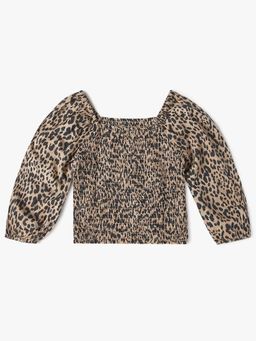 GAP - Girls Beige Leopard Print Square Neck Puff Sleeve Top