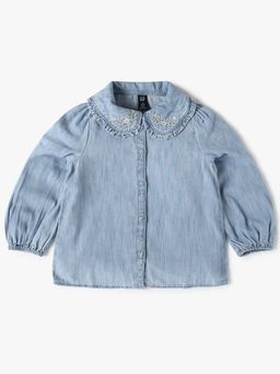 GAP - Girls Blue Solid Puff Sleeve Spread Collar Top