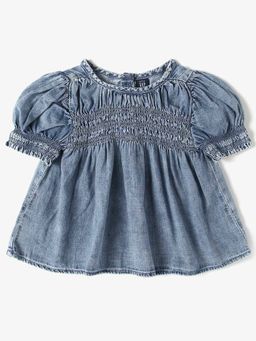 GAP - Girls Blue Solid Ruched Peplum Round Neck Top