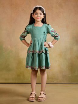 Tiny Twills - Green Double Layered Embroidered Dress
